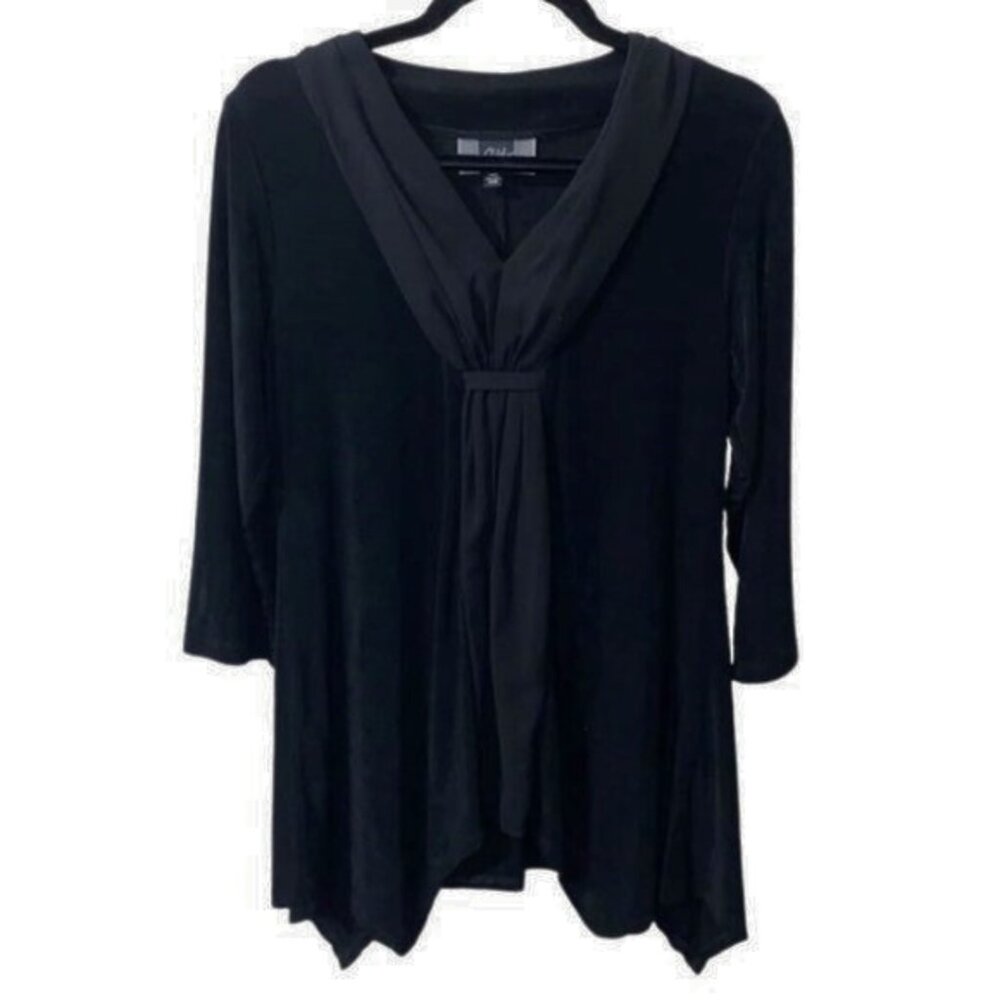 Slinky Brand Black Faux Scarf V-Neck Tunic Top XS Handkerchief Hem Y2K - Picture 2 of 7